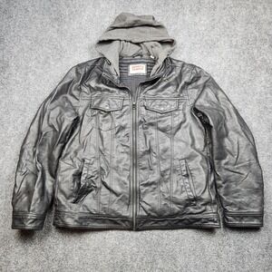 Levis Jacket Mens Large Black Faux Leather Hooded Motorcycle Lined‎ LM6JU473